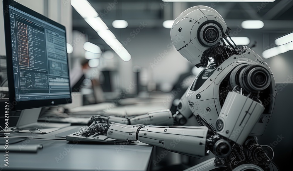 robots work in front of a laptop or computer. robots replace regular employees. Robot intelligence replaces human work. worker robots of the future. robot on the stage robots work in front of a laptop or computer. robots replace regular employees. Robot intelligence replaces human work. worker robots of the future. robot on the stage
