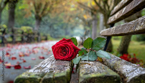 red rose on a bench