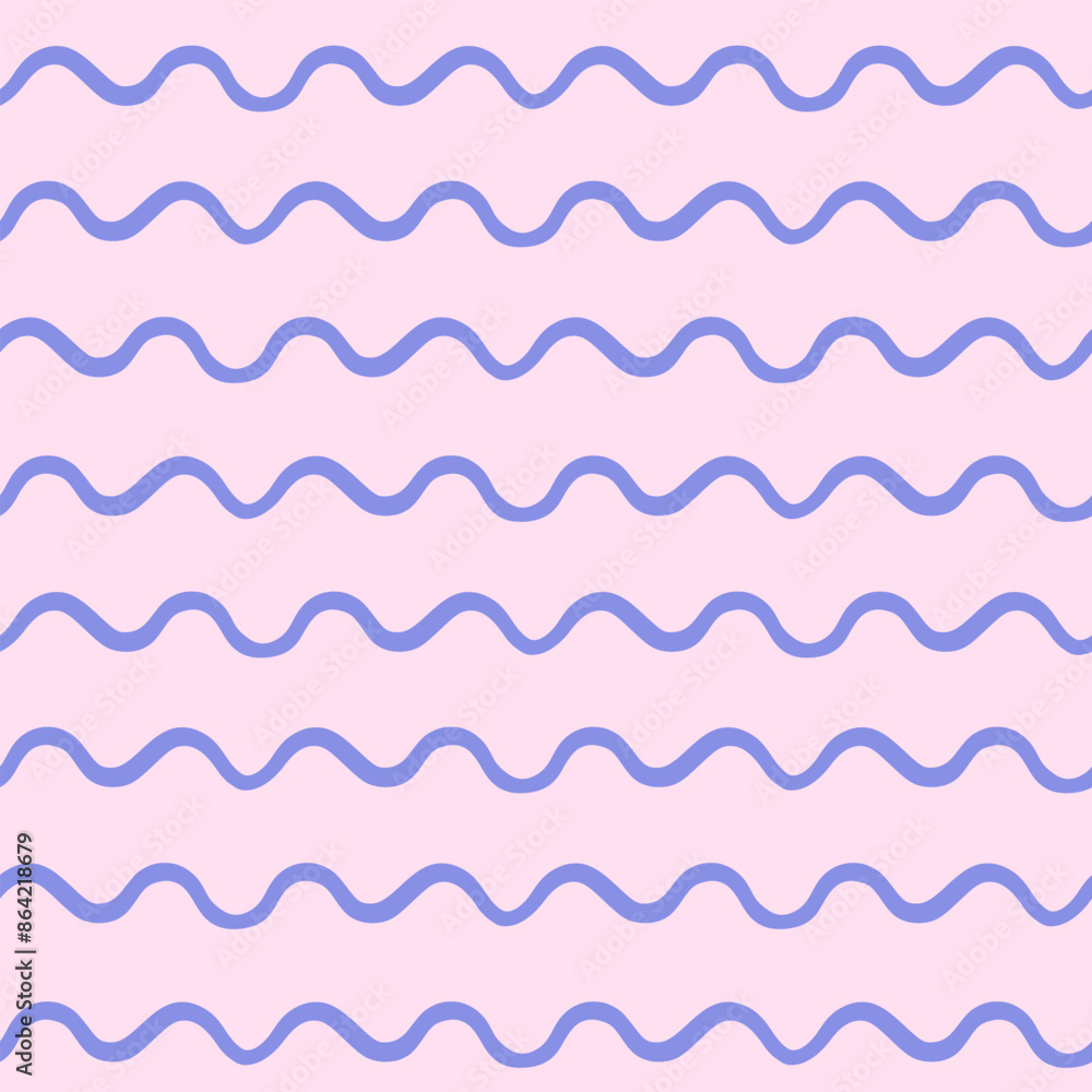 Vector simple abstract seamless pattern. Repeating background with blue wavy lines in hand drawn style on pink background. Design for fabric, wallpaper, wrapping paper, cover, poster, invitation Vector simple abstract seamless pattern. Repeating background with blue wavy lines in hand drawn style on pink background. Design for fabric, wallpaper, wrapping paper, cover, poster, invitation