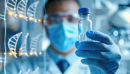 Genetics research. Scientist holding vial with liquid and illustration of DNA structure