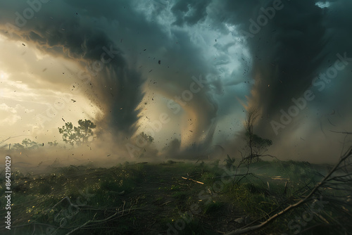 Fierce tornadoes, characterized by their twisting columns of air, wreak havoc across landscapes with powerful winds and destructive force.