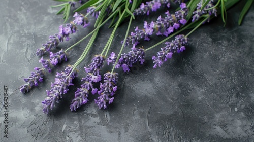 Closeup lavender flower bouquets on grey surface photo