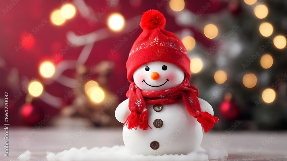 Snow man wear red scarf red hat with christmas setting on bokeh background Snow man wear red scarf red hat with christmas setting on bokeh background