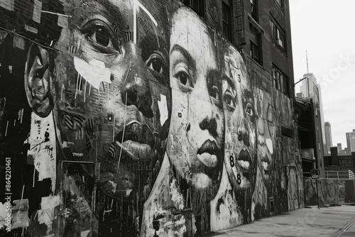 Urban Street Art Mural Depicting Diverse Faces in New York City Cityscape