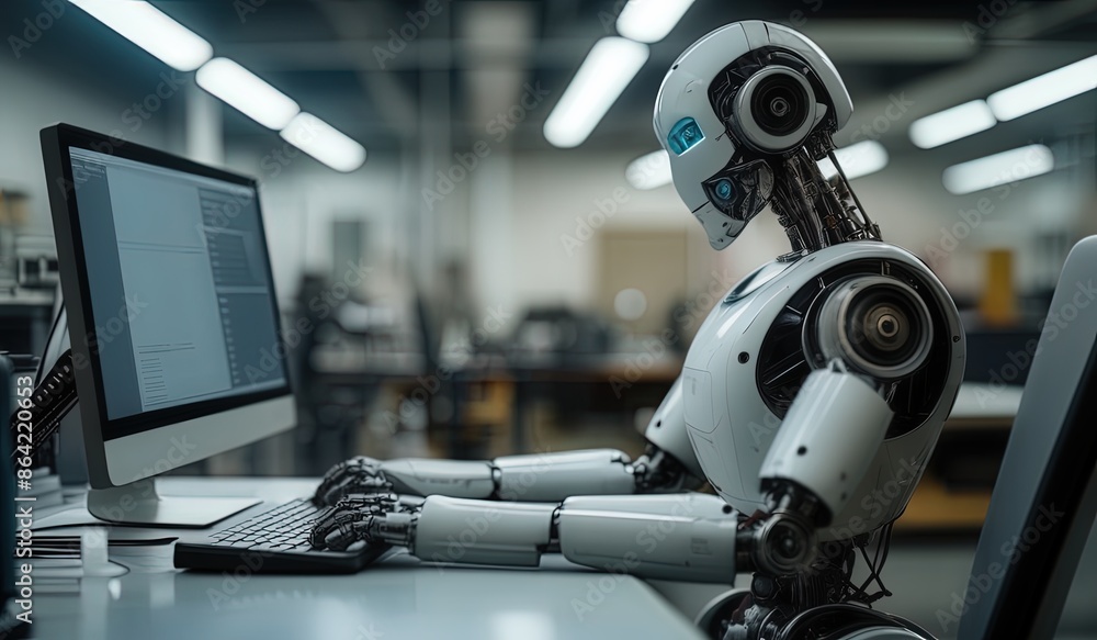 robots work in front of a laptop or computer. robots replace regular employees. Robot intelligence replaces human work. worker robots of the future. robot android robots work in front of a laptop or computer. robots replace regular employees. Robot intelligence replaces human work. worker robots of the future. robot android