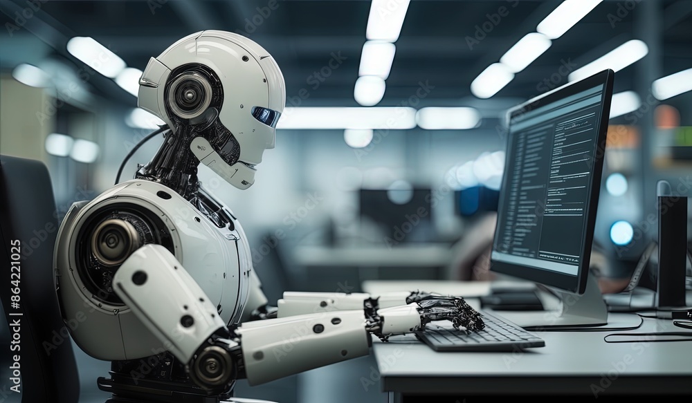 robots work in front of a laptop or computer. robots replace regular employees. Robot intelligence replaces human work. worker robots of the future. robot android robots work in front of a laptop or computer. robots replace regular employees. Robot intelligence replaces human work. worker robots of the future. robot android