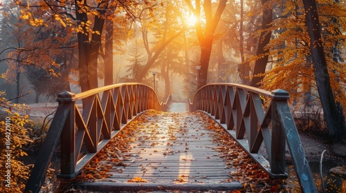 beautiful bridge with the sun in the background in a park in autumn in high resolution and high quality photo