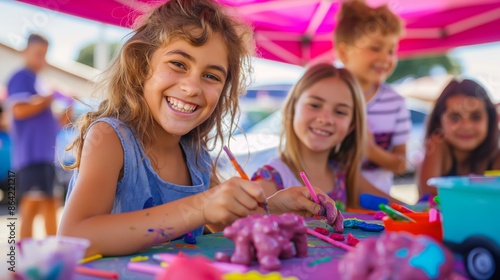 
Happy children enjoying arts and crafts under a colorful tent at an outdoor summer event, smiling and painting clay figures, sunny day