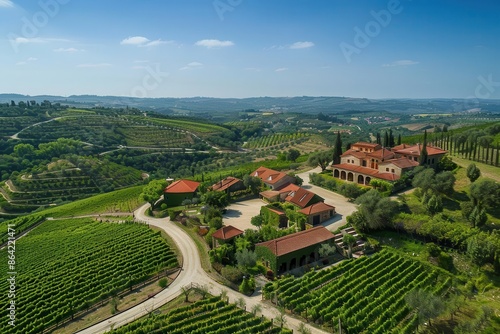 picturesque vineyard estate in albernoa portugal captured from above rolling hills covered in neat rows of grapevines terracottaroofed buildings and a winding road leading to the main house
