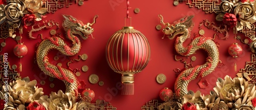 gold snake with red accents, symbolizing Chinese New Year 2025, against empty background with hanging lanterns and luxurious decorative elements. ai generated © Andrei