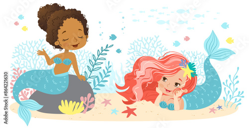 Hand drown vector illustration of Beautiful Girl Mermaid with with pink hair and mermaid African American ethnicity. Underwater marine life of a coral reef