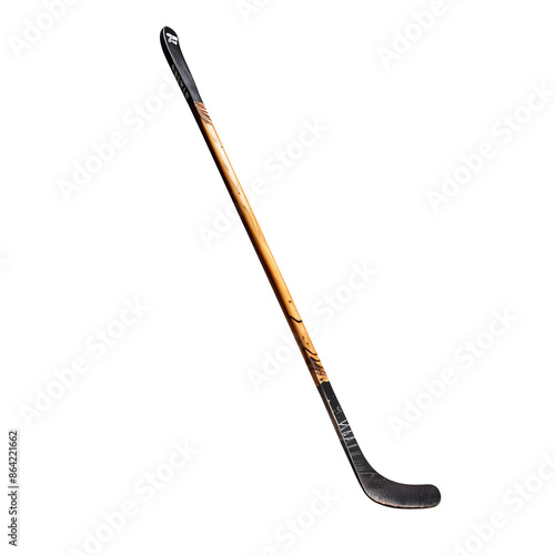 Classic wooden hockey stick isolated on white background, ideal for sports, games, and fitness-related projects, promoting team spirit and competition. photo