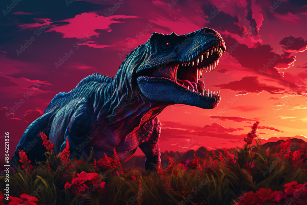 a dinosaur in a field of flowers a dinosaur in a field of flowers