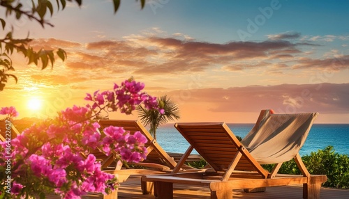 sunset on the beach woth seating area photo