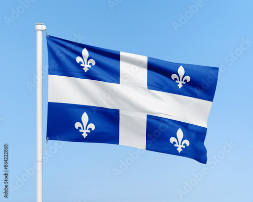 Quebec flag illustration. Realistic flag of Quebec on stick on sky background