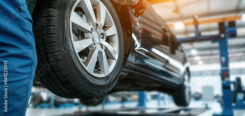 Close-up of car on lift in auto repair shop. Mechanic performing maintenance. Automotive service and repair concept.