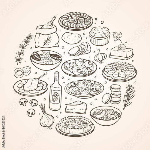 Hand-drawn typical French food dishes and the most used ingredients in French cuisine. Isolated items. Vector illustration.