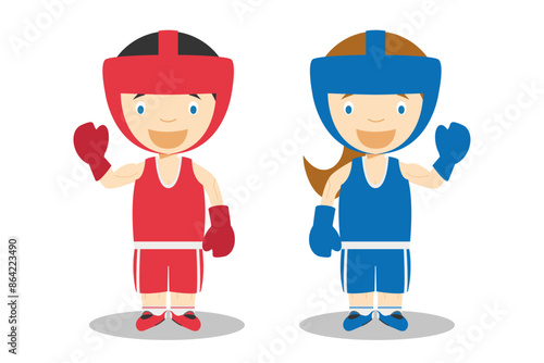 Sports vector illustrations: Boxing male and female cartoon characters