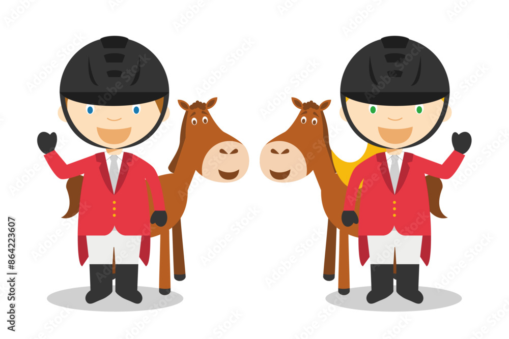Sports vector illustrations: Equestrian Jumping male and female cartoon characters Sports vector illustrations: Equestrian Jumping male and female cartoon characters