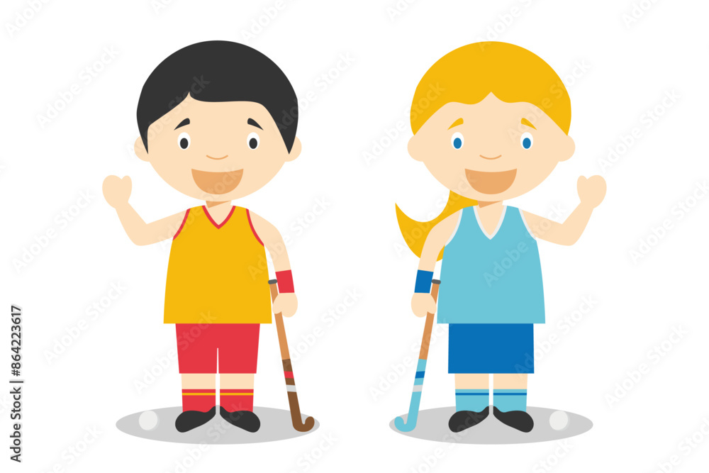 Sports vector illustrations: Hockey Grass male and female cartoon characters Sports vector illustrations: Hockey Grass male and female cartoon characters