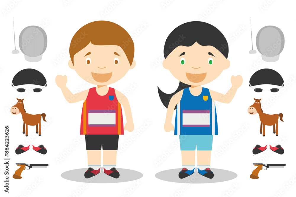 Sports vector illustrations: Modern Pentathlon male and female cartoon characters Sports vector illustrations: Modern Pentathlon male and female cartoon characters