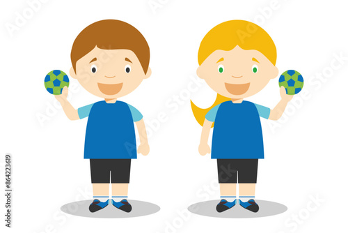Sports vector illustrations: Handball male and female cartoon characters