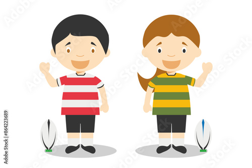 Sports vector illustrations: Rugby male and female cartoon characters