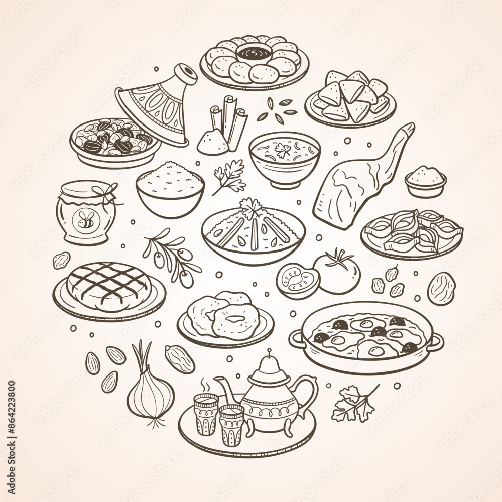 Hand-drawn typical food dishes in Morocco and the most used ingredients in Moroccan cuisine. Isolated items. Vector illustration. Hand-drawn typical food dishes in Morocco and the most used ingredients in Moroccan cuisine. Isolated items. Vector illustration.