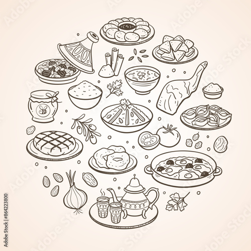 Hand-drawn typical food dishes in Morocco and the most used ingredients in Moroccan cuisine. Isolated items. Vector illustration.