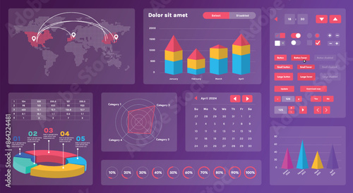 A modern set of UI elements that includes various graphic components for creating interfaces. Creation of business applications or websites focused on collecting and processing information.