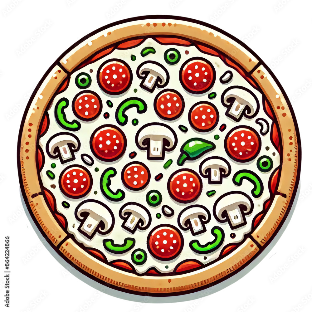 A simple, cartoon-style of a pizza with toppings like pepperoni, mushrooms, and green peppers on a transparent background A simple, cartoon-style of a pizza with toppings like pepperoni, mushrooms, and green peppers on a transparent background
