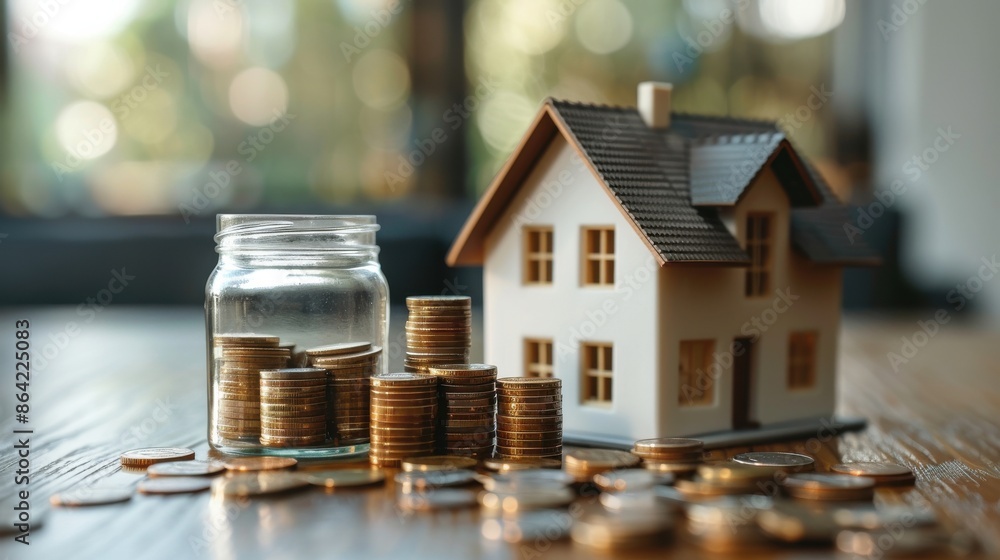 A jar full of coins sits on a table next to a model house. Concept of financial stability and security A jar full of coins sits on a table next to a model house. Concept of financial stability and security