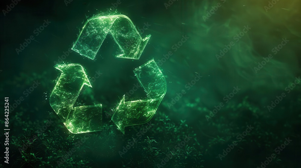 Glowing recycle mark on a green fog background Glowing recycle mark on a green fog background