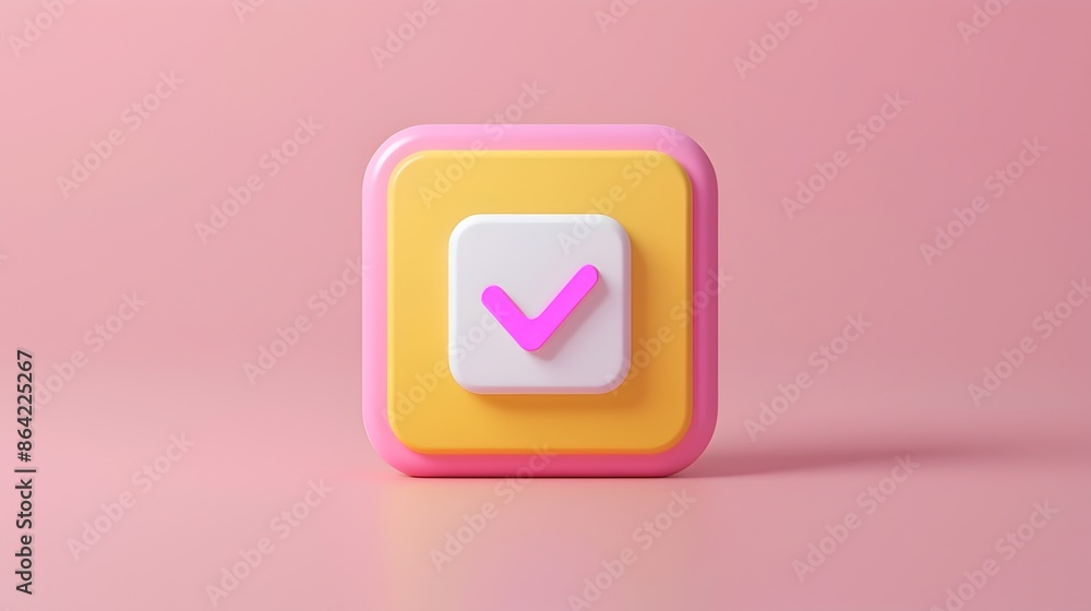 Colorful 3D Checkmark Button on Pink and Yellow Background Colorful 3D Checkmark Button on Pink and Yellow Background