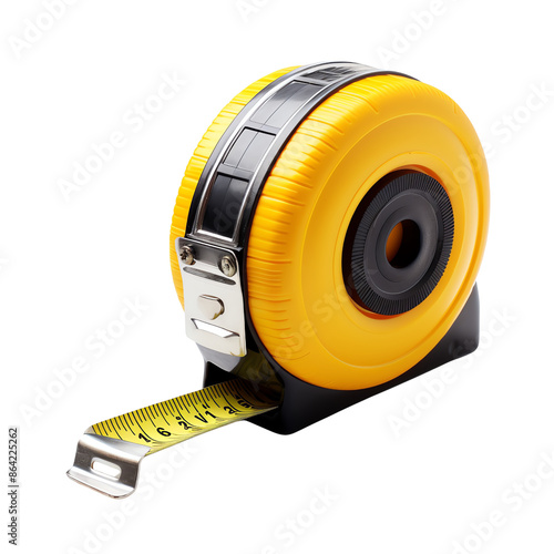 Close-up of a yellow and black measuring tape with extended measurement. Ideal for construction, DIY projects, and precision measuring tasks. photo