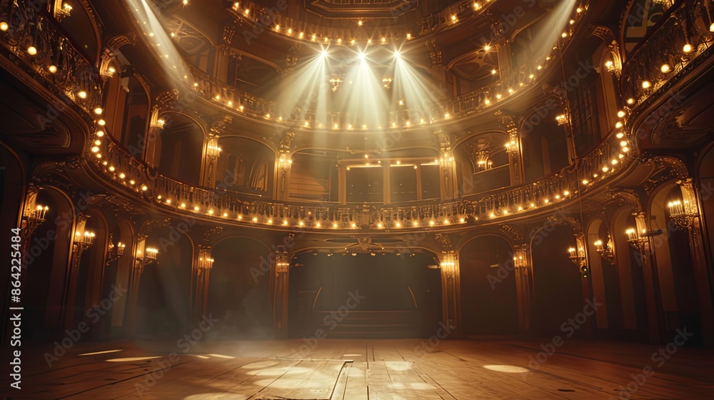Obraz premium Elegant Classical Theater Stage Bathed in Dramatic Spotlight, Embodying Cinematic Grandeur and Architectural Beauty, High-Resolution Depiction of Volumetric Lighting