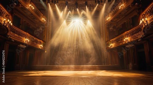 Elegant Classical Theater Stage Bathed in Dramatic Spotlight, Embodying Cinematic Grandeur and Architectural Beauty, High-Resolution Depiction of Volumetric Lighting