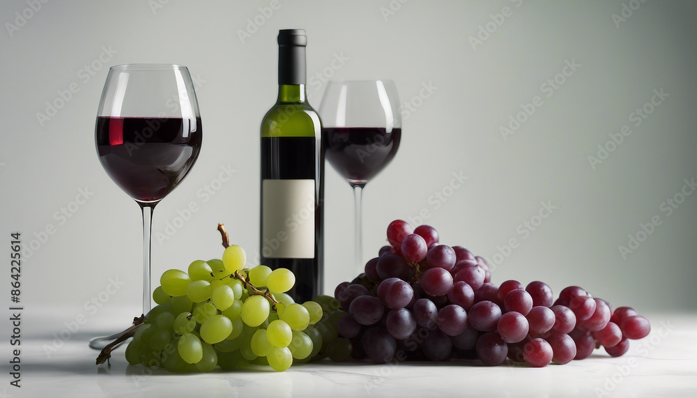 Elegant glass of deep red wine and sleek green glass wine bottle filled with lush grapes, premium ad
Elegant glass of deep red wine and sleek green glass wine bottle filled with lush grapes, premium ad