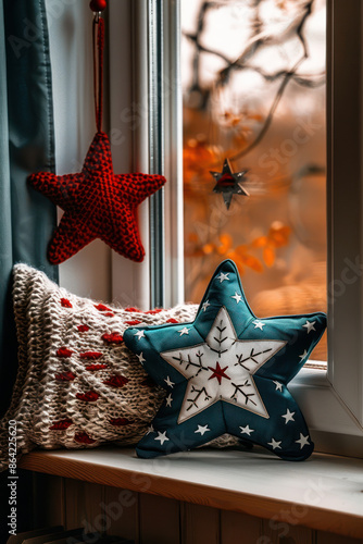 Patriotic Themed Window Decorations with Flags and Stars for a Festive Home Celebrate with Red, White, and Blue Accents, Buntings, and Star Spangled Decorations Suitable for All Occasions photo