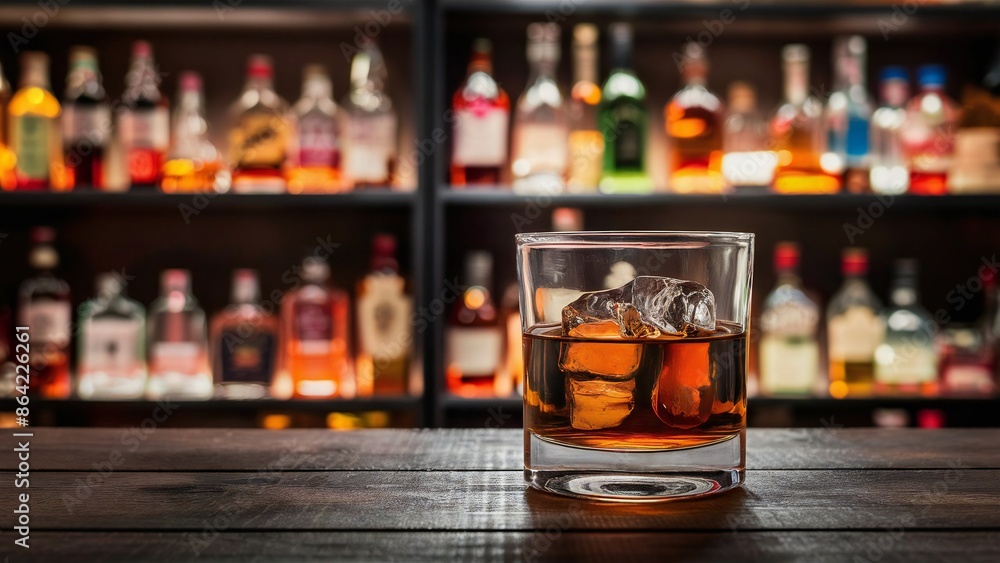Close up of single malt scotch whiskey, craft bourbon in round tumbler glass, on the rocks, with liquor bottles and rustic background Close up of single malt scotch whiskey, craft bourbon in round tumbler glass, on the rocks, with liquor bottles and rustic background
