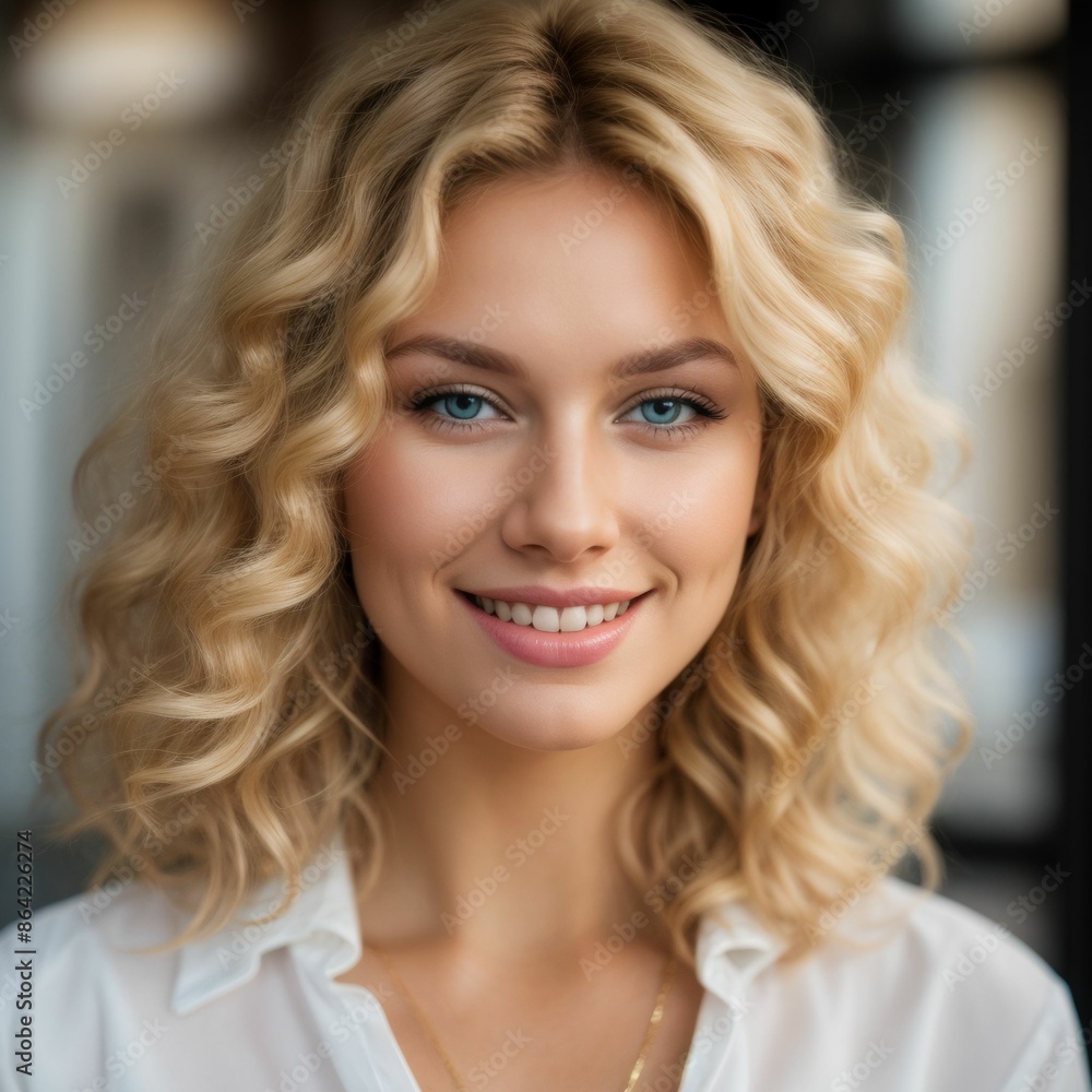 A beautiful blonde woman with curly hair, smiling, wearing a white shirt. A beautiful blonde woman with curly hair, smiling, wearing a white shirt.