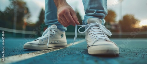 Close Up of a Person Tying Their White Sneakers © Bolustck