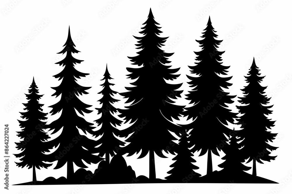 Obraz premium Pine tree silhouettes, Fir trees silhouette. Evergreen forest firs and spruces black shapes, wild nature trees templates. Vector illustration woodland trees set on white background