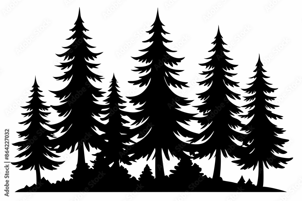 Obraz premium Fir trees silhouettes, Pine tree silhouettes vector, Vintage trees and forest silhouettes