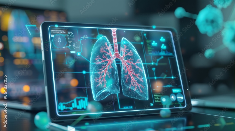 transparent tablet display showing respiratory syndrome (lung) transparent tablet display showing respiratory syndrome (lung)
