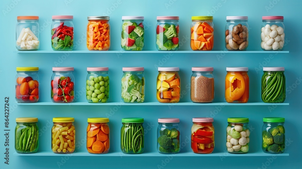 Colorful jars filled with various preserved vegetables and fruits aligned on shelves against a blue background. Organized pantry concept. Colorful jars filled with various preserved vegetables and fruits aligned on shelves against a blue background. Organized pantry concept.
