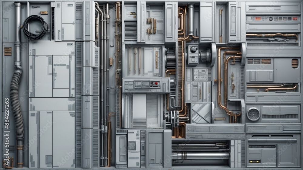 A close-up of a detailed futuristic wall panel with intricate piping, ventilation systems, and electrical wiring A close-up of a detailed futuristic wall panel with intricate piping, ventilation systems, and electrical wiring