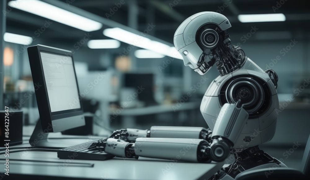 Fototapeta premium robots work in front of a laptop or computer. robots replace regular employees. Robot intelligence replaces human work. worker robots of the future. robot focus worked