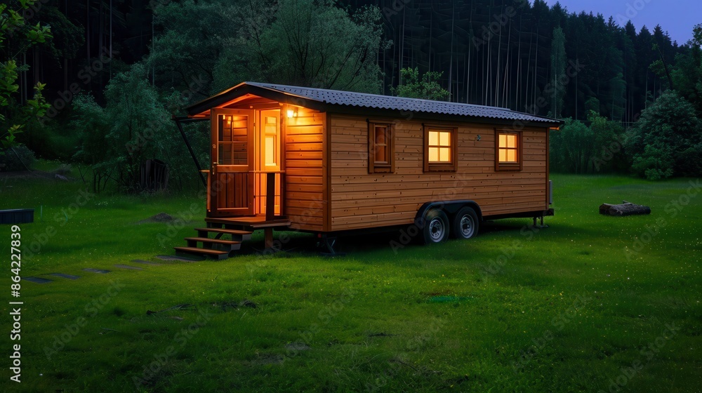 Cozy wooden tiny house illuminated at dusk in a tranquil forest meadow, ideal for nature retreats and serene escapes. Cozy wooden tiny house illuminated at dusk in a tranquil forest meadow, ideal for nature retreats and serene escapes.