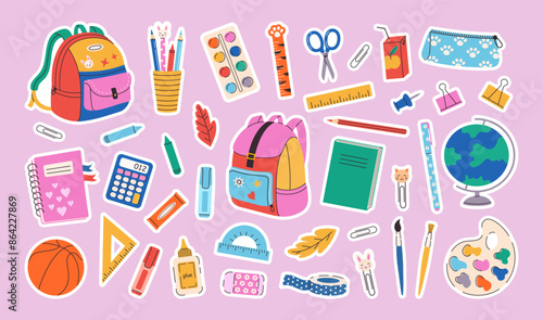 Set of school supplies and education stickers. Back to school. Backpack, book, globe, paints, ruler, pen, pencil, calculator, brushes, glue. Perfect for prints, cards, paper crafts, scrapbooking.